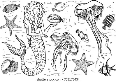 Hand drawn mermaid and jellyfish, sea turtle, fish isolated on white background. Back and white vector marine set illustration. Template for card, print, coloring book, banners, poster for textiles.
