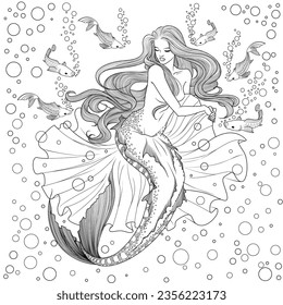 hand drawn mermaid line art illutration