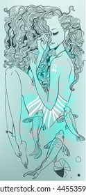 Hand drawn mermaid, linen vector illustration.
