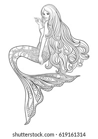 Hand drawn mermaid with long  hair. Stock outline vector illustration.