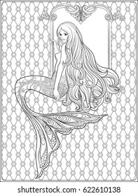 Hand drawn mermaid with long hair on swing in decorative frame. Stock line vector illustration. Outline drawing. Outline hand drawing page for adult coloring book.