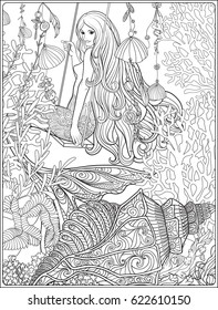 Hand drawn mermaid with long  hair in underwater world. Stock line vector illustration. Outline drawing. Outline hand drawing page for adult coloring book