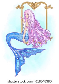 Hand drawn mermaid with long pink hair on watercolour background in decorative frame. Stock line vector illustration.