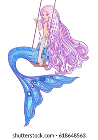 Hand drawn mermaid with long pink hair on swing. Stock line vector illustration.