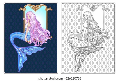 Hand drawn mermaid with long pink hair on swing in decorative frame. Stock line vector illustration. Outline drawing. Outline hand drawing coloring page for adult coloring book with coloured sample.