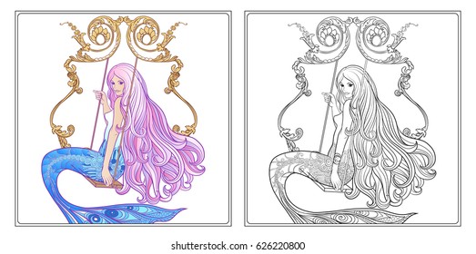 Hand drawn mermaid with long pink hair on swing in decorative frame. Stock line vector illustration. Outline drawing. Outline hand drawing coloring page for adult coloring book with coloured sample.