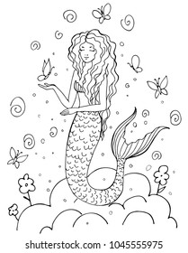 Hand drawn mermaid on the cloud isolated on white background. Back and white vector illustration. Siren. Sea theme. Perfect for coloring book, print, greeting card.