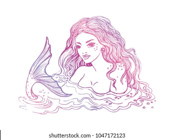 Hand drawn mermaid, on white background, white and black linen vector illustration.