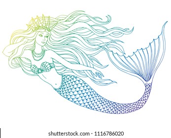 Hand drawn mermaid  on white background, linen vector illustration.