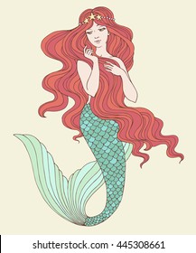 Hand drawn mermaid, on white background, linen vector illustration.