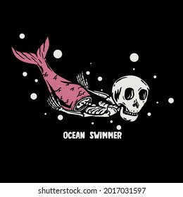 hand drawn mermaid and skull for design t-shirt, vintage