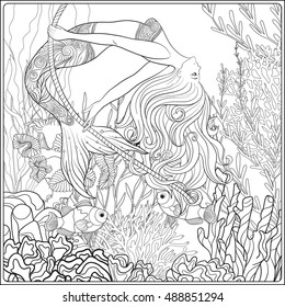 Hand drawn mermaid swinging on rope in underwater world. Linen color vector illustration. Anti stress coloring book for adult and. Outline drawing coloring page.