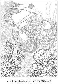 Hand drawn mermaid swinging on rope in underwater world. Linen color vector illustration. Anti stress coloring book for adult and. Outline drawing coloring page.