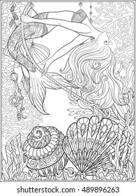 Hand drawn mermaid swinging on rope in underwater world. Linen color vector illustration. Anti stress coloring book for adult and. Outline drawing coloring page.