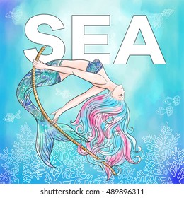Hand drawn mermaid swinging on a rope with word sea, on watercolor background, linen color vector illustration.