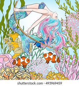 Hand drawn mermaid swinging on rope in underwater world. Linen color vector illustration. 