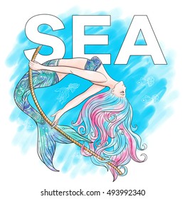 Hand drawn mermaid swinging on a rope with word sea, on watercolor background, linen color vector illustration.