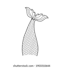 Hand drawn mermaid tail isolated on white background. Vector doodle outline illustration for print design or coloring books.