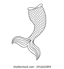 Hand drawn mermaid tail isolated on white background. Element of mermaid costume, decoration for greeting card or tshirt design. Black and white vector illustration in doodle style.