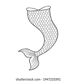 Hand drawn mermaid tail isolated on white background. Doodle element for sea party, greeting or invitation card. Design for clothing print. Outline vector illustration.