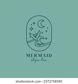 Hand Drawn Mermaid Tail Magic Flat Vector Boho Logo with Stars, Ocean Waves, Moon Elements. Aquamarine, Turquoise Colors Background. Design Illustration for Branding, Web, Print, Tattoo, Card, Banner.