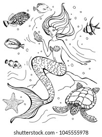 Hand drawn mermaid, turtle, starfish and tropical fish isolated on white background. Vector illustration. Sea theme. Perfect for coloring book, print, greeting card.
