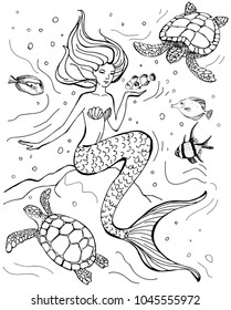 Hand drawn mermaid, turtle and tropical fish isolated on white background. Vector illustration. Sea theme. Perfect for coloring book, print, greeting card.