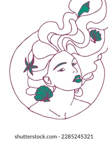 Hand Drawn Mermaid Vector Illustration with Sea Shell on Hair for Banner, Poster, Cosmetic, Beauty Business, Web. Vintage Line Art Women, Feminine.