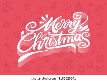 Hand drawn Merry Christmas 3D typography poster. Lettering design card template. Holiday Greeting Gift Poster. White words, christmas elements, icons, red background.