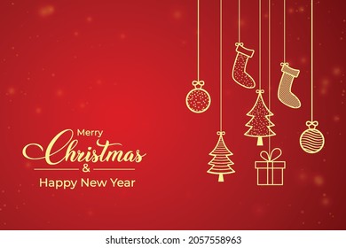 Hand drawn merry Christmas background design. Christmas background with gift, pine tree golden icon. Christmas banner with golden element icons on a red background. Xmas banner or card design.