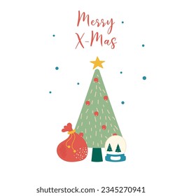 Hand drawn Merry Christmas background with a Christmas tree and a bag