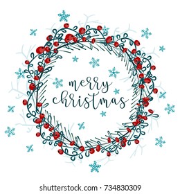 Hand drawn Merry Christmas background with berries