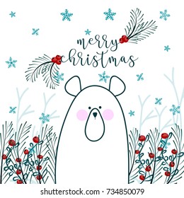 Hand drawn Merry Christmas background with berries and white bear