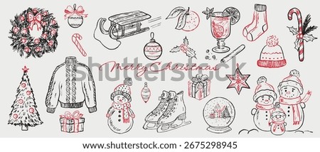 Hand drawn Merry Christmas brush stroke drawings. Vector sketch crayon illustrations. Winter symbols, Christmas tree, wreath, sled, snowman. Set of print designs, greeting card