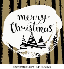 Hand drawn Merry Christmas card with hand painted ink textures, christmas trees and hand lettering