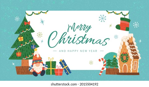 Hand drawn merry Christmas card. Christmas holiday banner with gingerbread house, Xmas tree, Santa doll and gifts on green frame.