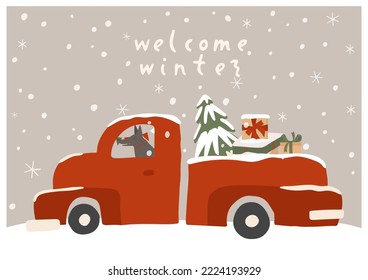 Dibujaron la tarjeta de dibujos animados de Feliz Navidad con un lindo auto rojo que llevaba el árbol de Navidad y cajas de regalos. Ilustración de un camión rojo nevado con perro, abeto y regalos, aislado. Cartel a4 plano vectorial