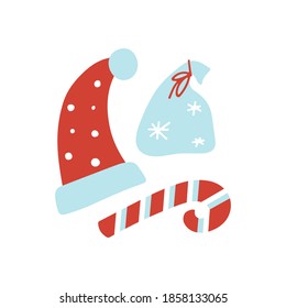Hand drawn Merry Christmas clipart with Santa hat, bag of gifts, candy cane on white background. Vector flat illustration. Design for greeting card, banner, web, sticker, posters, gift tags and labels