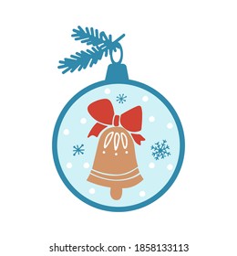 Hand drawn Merry Christmas clipart with  toys, tree, bell, snowflakes on white background. Vector flat illustration. Design for greeting card, banner, web, sticker, posters, gift tags and labels