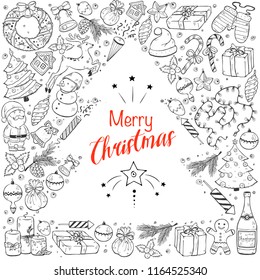 Hand drawn Merry Christmas doodle composition around text. Vector illustration of New year symbols  isolated on white background. Happy holidays.