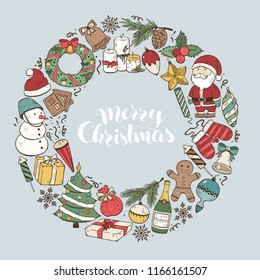 Hand drawn Merry Christmas doodle objects in circle composition around text. Vector illustration of New year symbols  on blue background. Happy holidays.