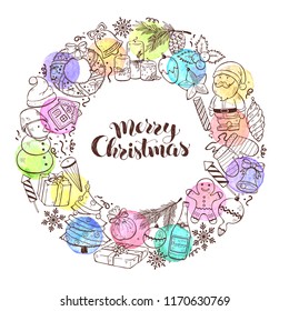 Hand drawn Merry Christmas doodle objects in circle composition with watercolor circles. Vector illustration on white background. Happy holidays.