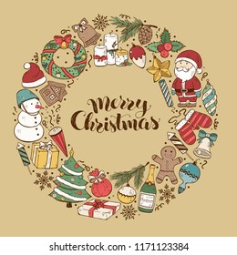 Hand drawn Merry Christmas doodle objects in circle composition around text. Vector illustration of New year symbols  on gold background. Happy holidays.
