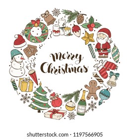 Hand drawn Merry Christmas doodle objects in circle composition around text. Vector illustration of New year symbols  on blue background. Happy holidays.