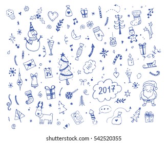 Hand drawn Merry Christmas doodle set with tree, santa, gift boxes, star elements. Winter and holiday themes object. Vector illustration.