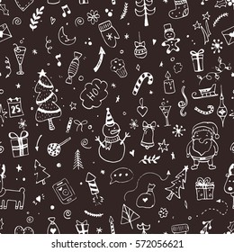 Hand drawn Merry Christmas doodle seamless pattern with tree, santa, gift boxes, star elements.  Vector illustration for background, wallpaper. 