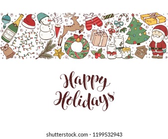 Hand drawn Merry Christmas doodles in horizontal composition with lettering. Vector illustration of New year elements isolated on white background. Happy holidays.