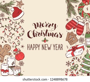 Hand drawn Merry Christmas doodles in vertical composition with lettering. Vector illustration of xmas elements isolated on white background. Happy holidays.
