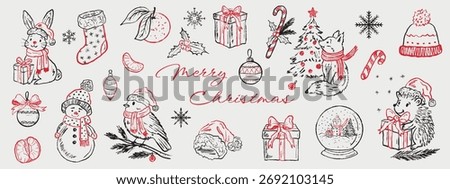 Hand drawn merry Christmas festive drawings. Vector sketch illustration in vintage crayon charcoal style. Winter hare, tit bird, hedgehog, fox animals, Christmas tree, snowman