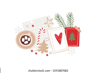 Hand drawn Merry Christmas Flat lay. New year vector flat illustration in modern style.